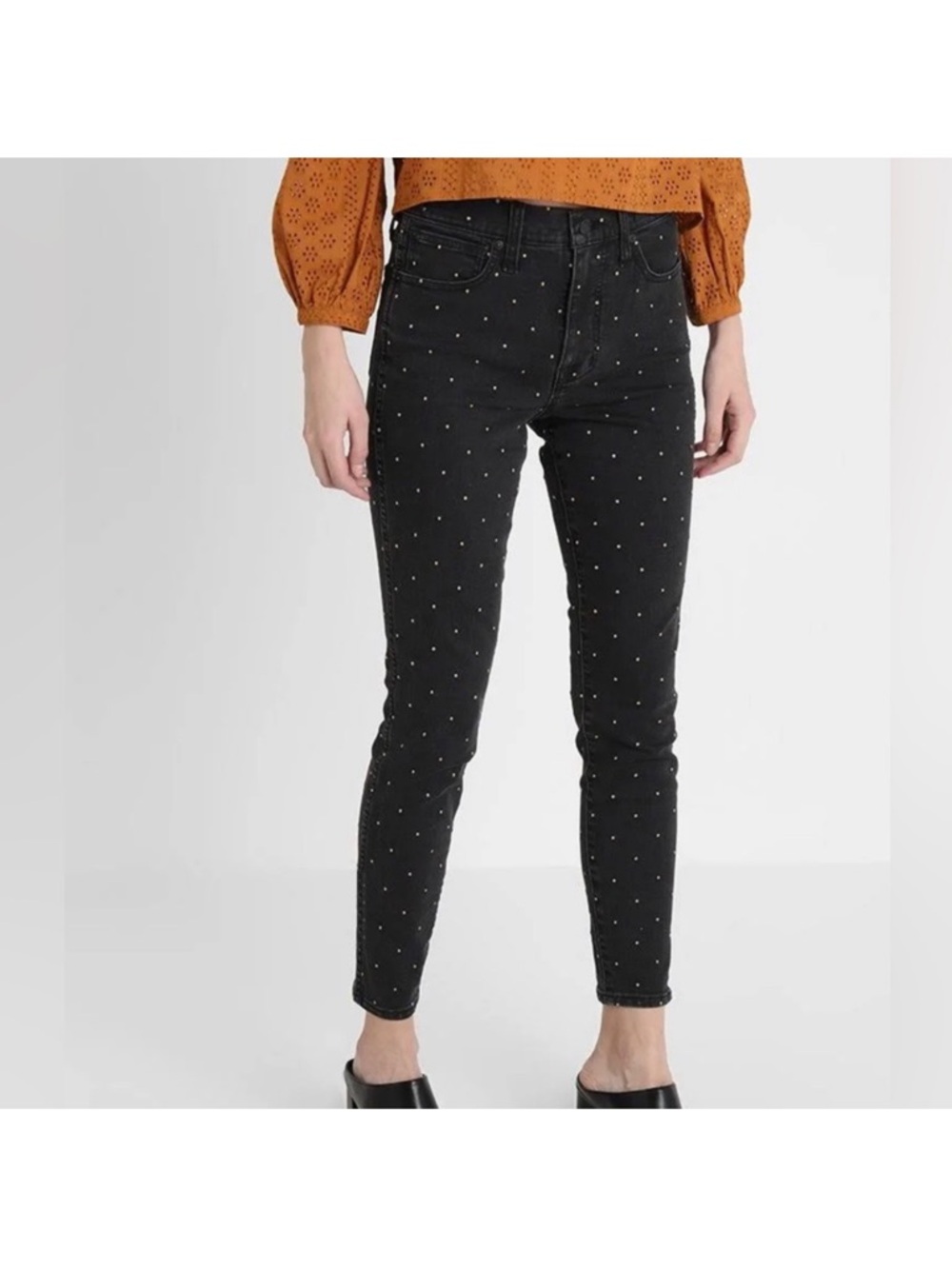 EUC Madewell Black High-Rise Jeans with Gold Embroidered Polka Dots Size 31